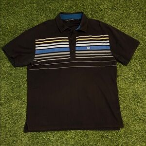 Travis Mathew Black Polo with Blue and White Stripes
